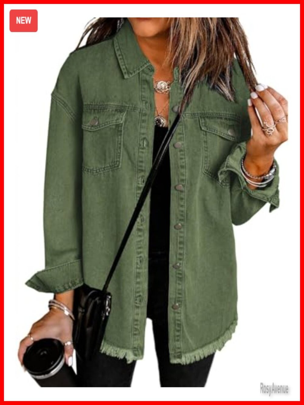Oversized Button-Up Denim Shacket Jacket Frayed Hem Long Sleeve